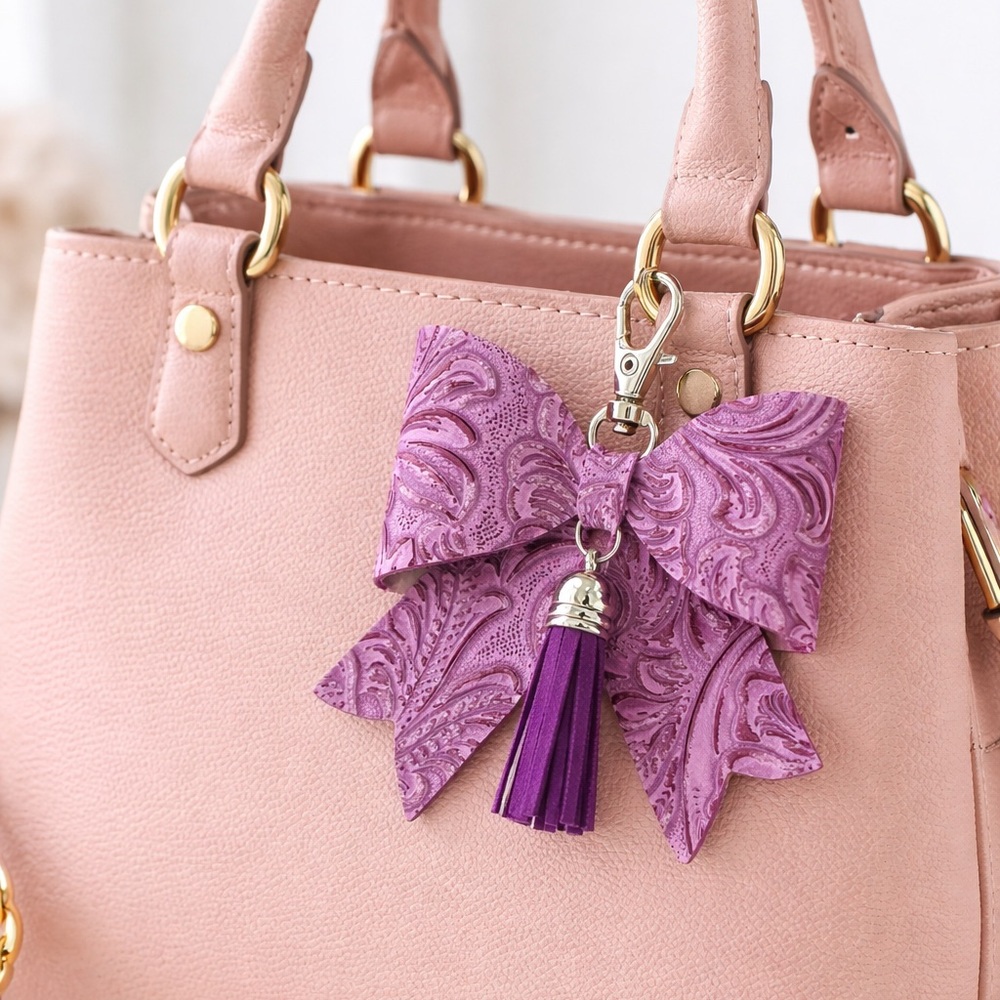 Purple Embossed Faux Leather and Tassel Bag Charm Key Chain